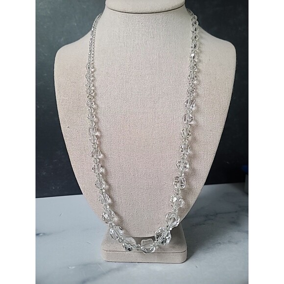 925 Sterling Silver Graduated Faceted Clear Glass Necklace Vintage - Picture 3 of 10